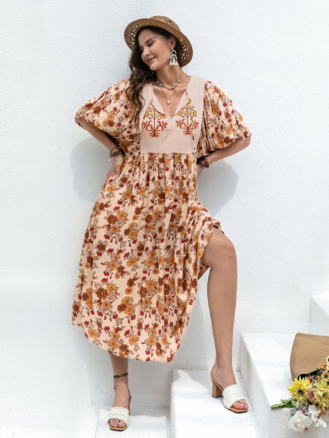 Plus Size Printed Tie Neck Half Sleeve Midi Dress.