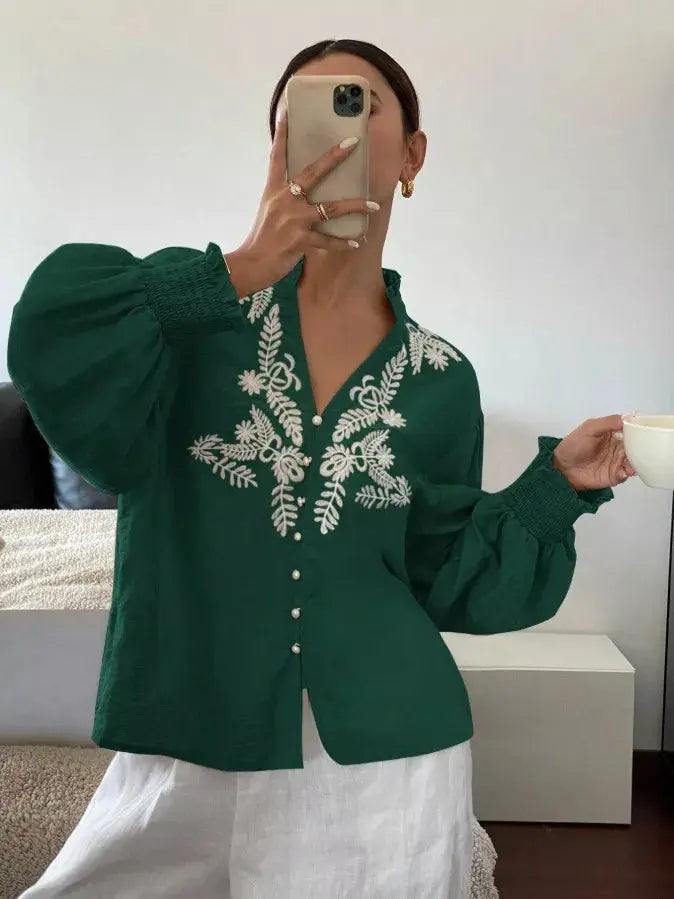 Embroidered Notched Long Sleeve Blouse Simply Love