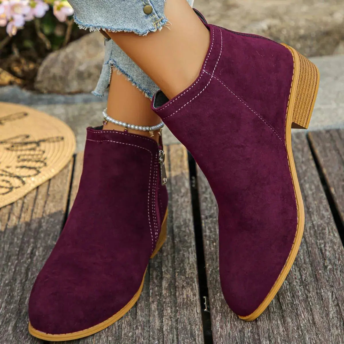 Burgundy Suede Point Toe Ankle Boots With Zipper Mid Heel Simply Love