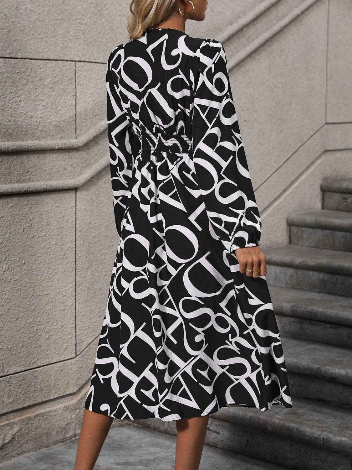 Printed V-Neck Long Sleeve Midi Dress.