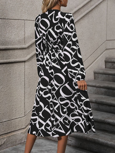 Printed V-Neck Long Sleeve Midi Dress.