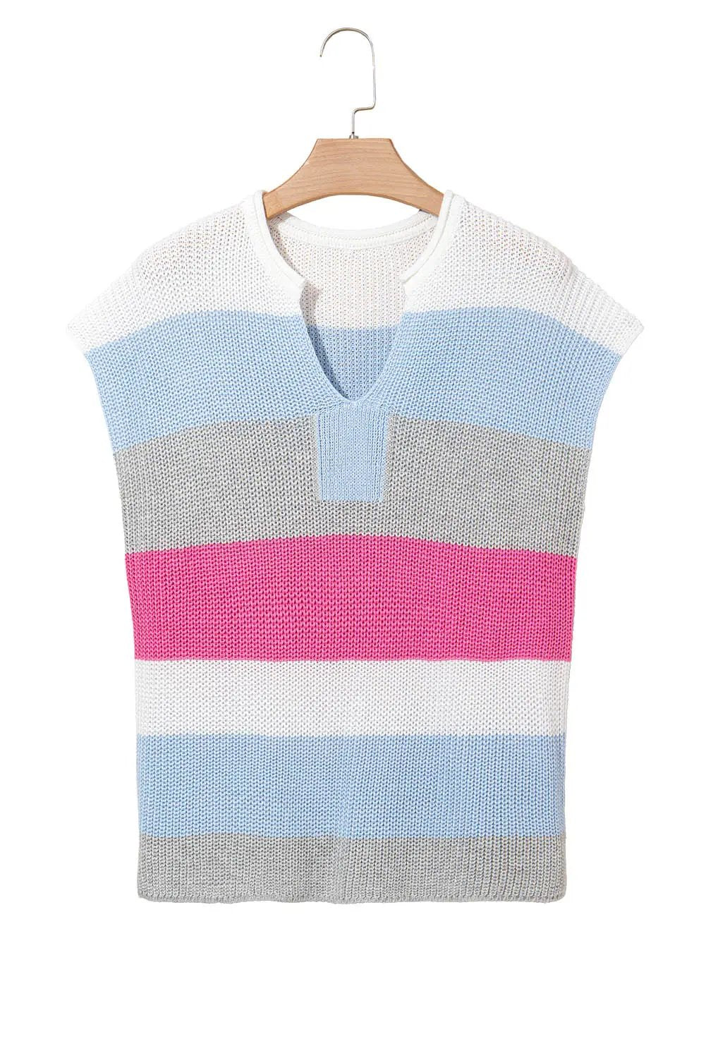 Light Blue Color Block Notch V Neck Sweater T Shirt for Women - Love Salve 