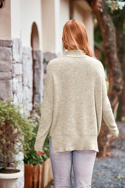 Mock Neck Rib-Knit Sweater.