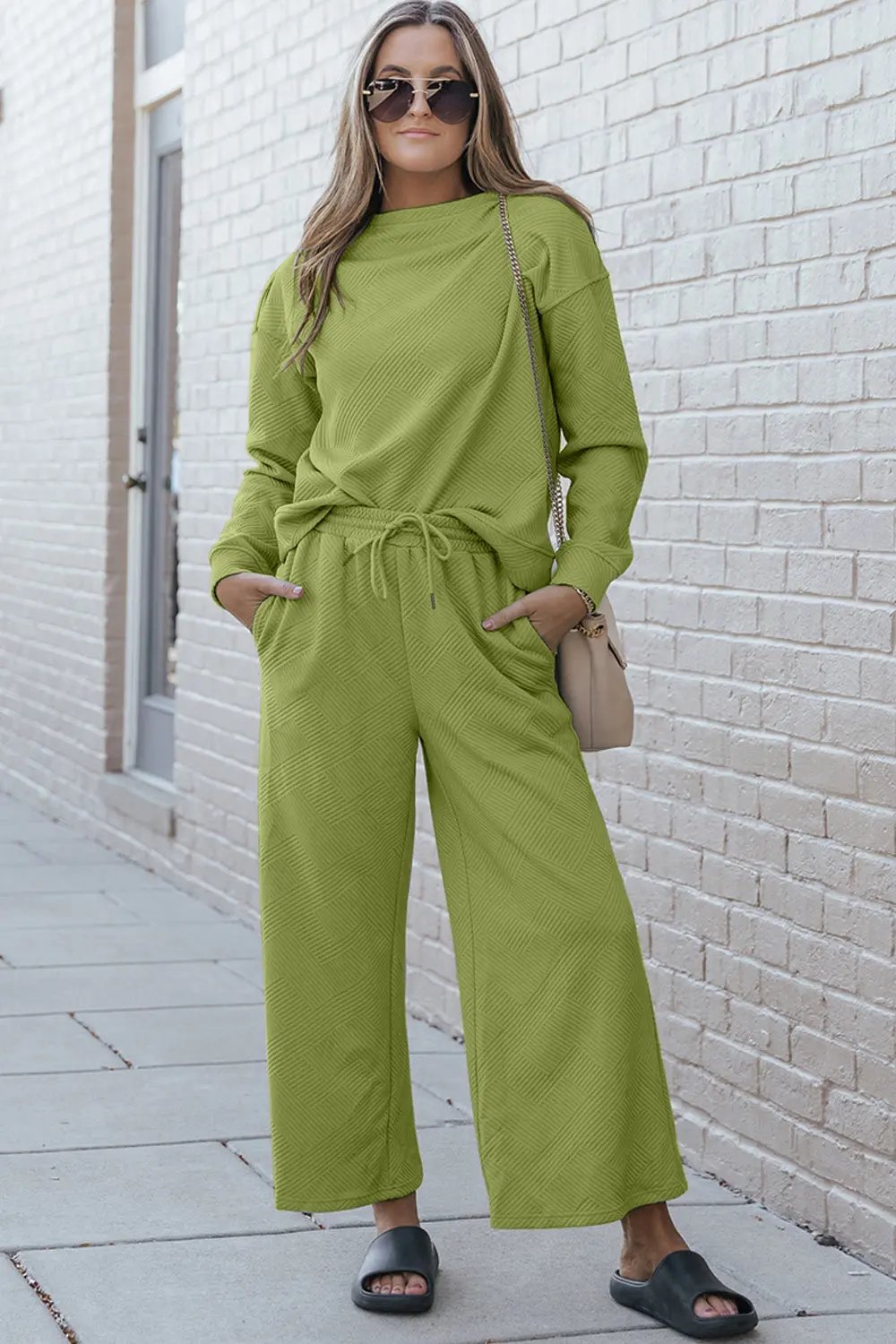 Double Take Full Size Textured Long Sleeve Top and Drawstring Pants Set - Love Salve