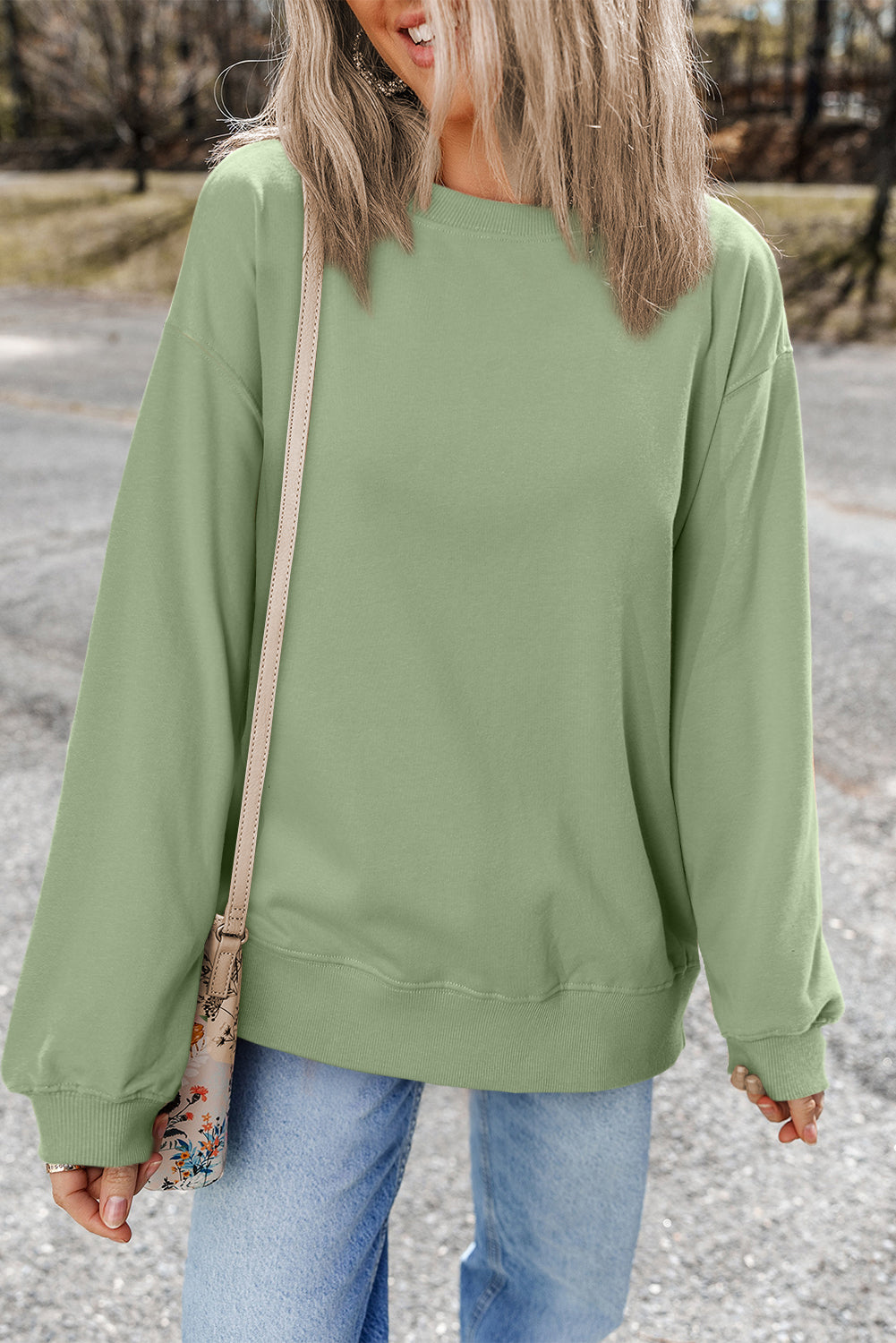 Smoke green casual drop shoulder crewneck pullover sweatshirt