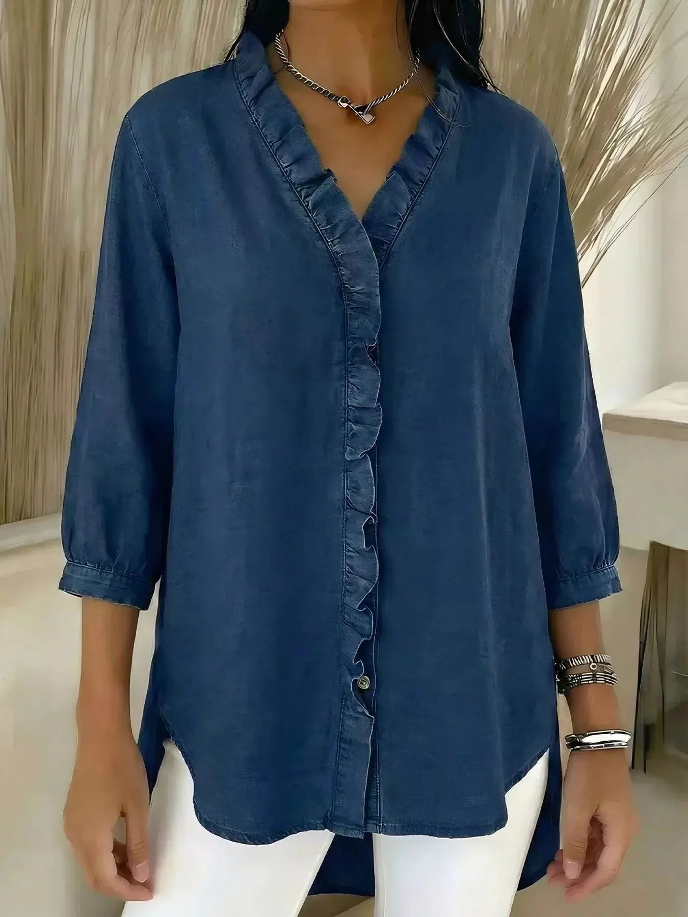 Full Size V-Neck Ruffled Button Down Shirt Plus Size Simply Love
