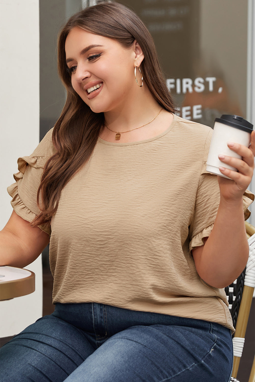 Chic ruffled short sleeve top in light beige for plus sizes