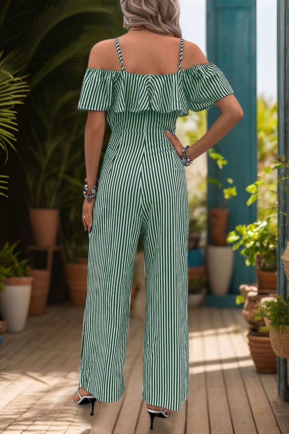 Ruffled Striped Short Sleeve Jumpsuit.