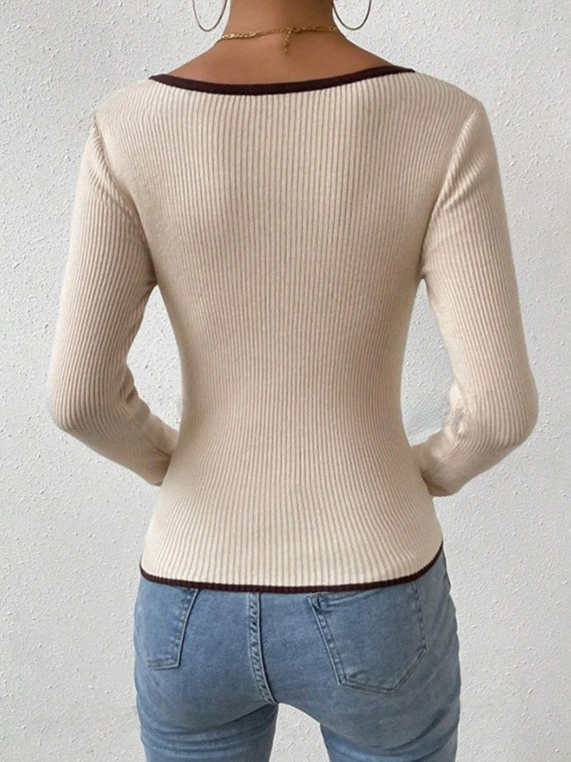 Contrast Trim Long Sleeve Knit Top