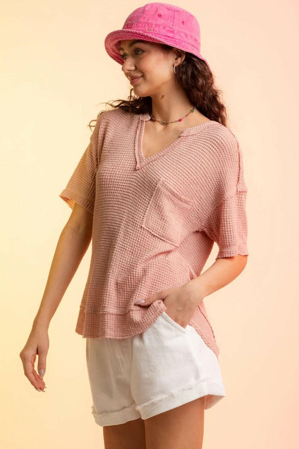 Waffle-Knit Notched Half Sleeve T-Shirt.