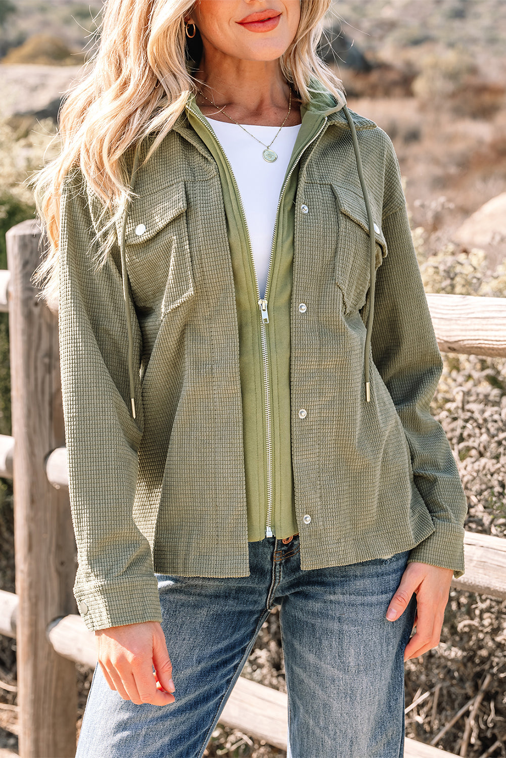 Laurel Green Two In One Thermal Knit Textured Hooded Jacket For Women Winter Outerwear Dear-Lover Dropshipping