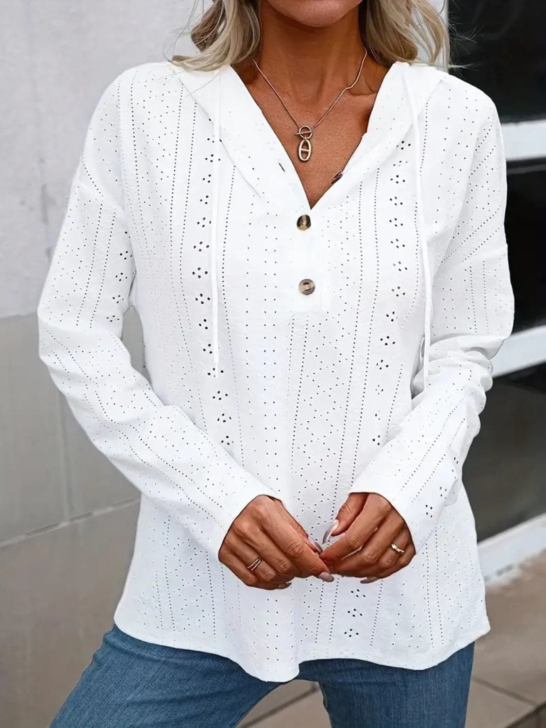 Eyelet sheer long sleeve hoodie with drawstring detail