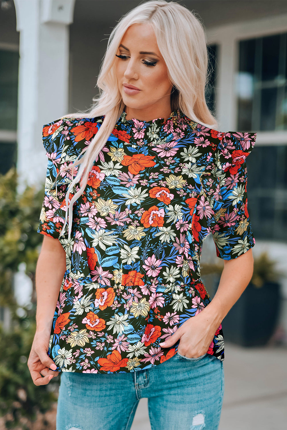 Floral Ruffle Shoulder Frill Neck Blouse Coco’s Tee Boutique