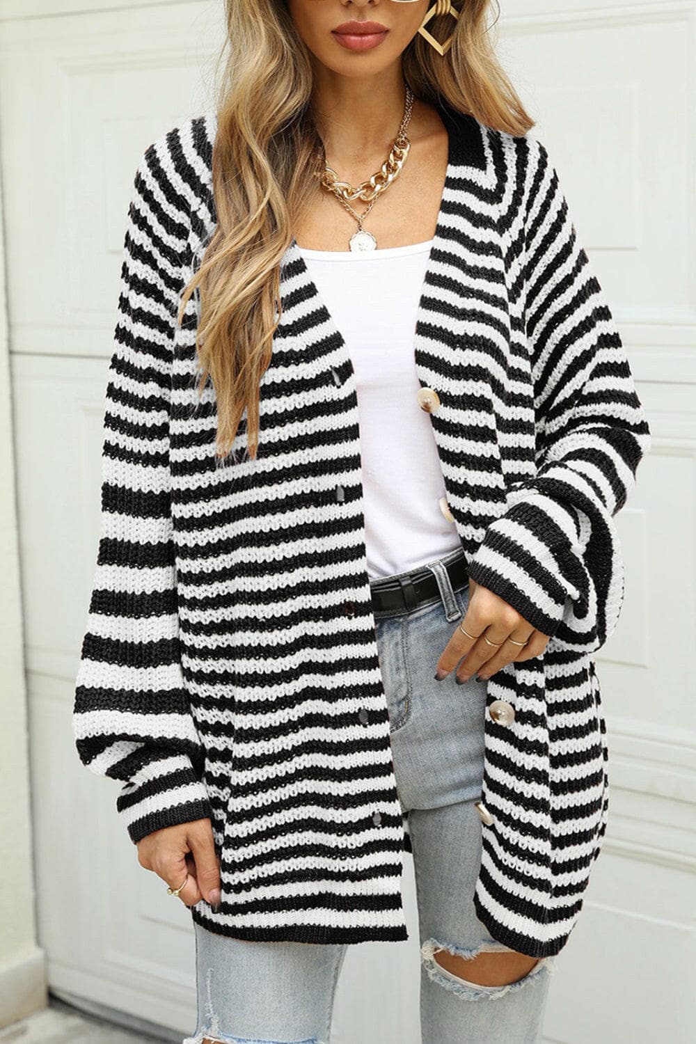 Striped Button Up Long Sleeve Cardigan.