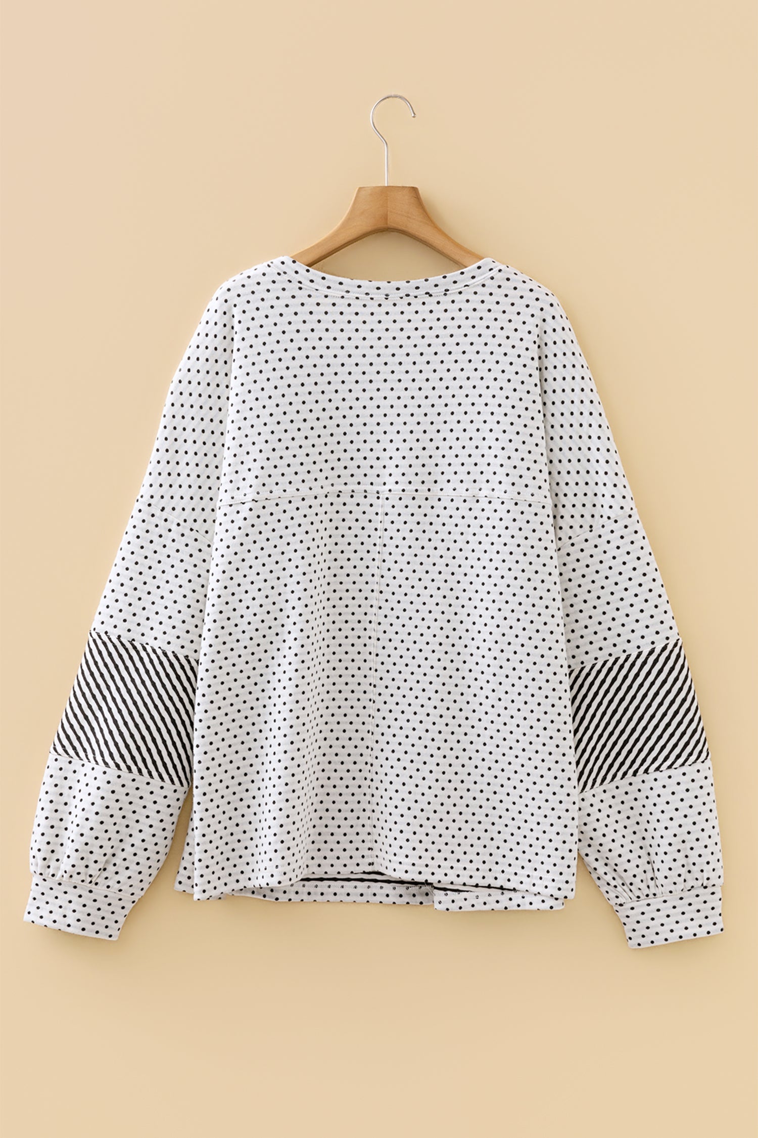 Beige Plus Size Dot Print Striped Patchwork Long Sleeve Henley Top Dear-Lover Dropshipping