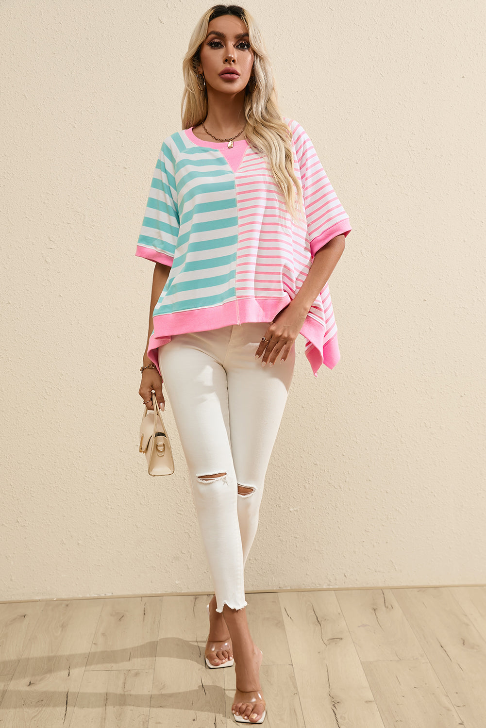 Chic pink stripe oversized patchwork tee for effortless style