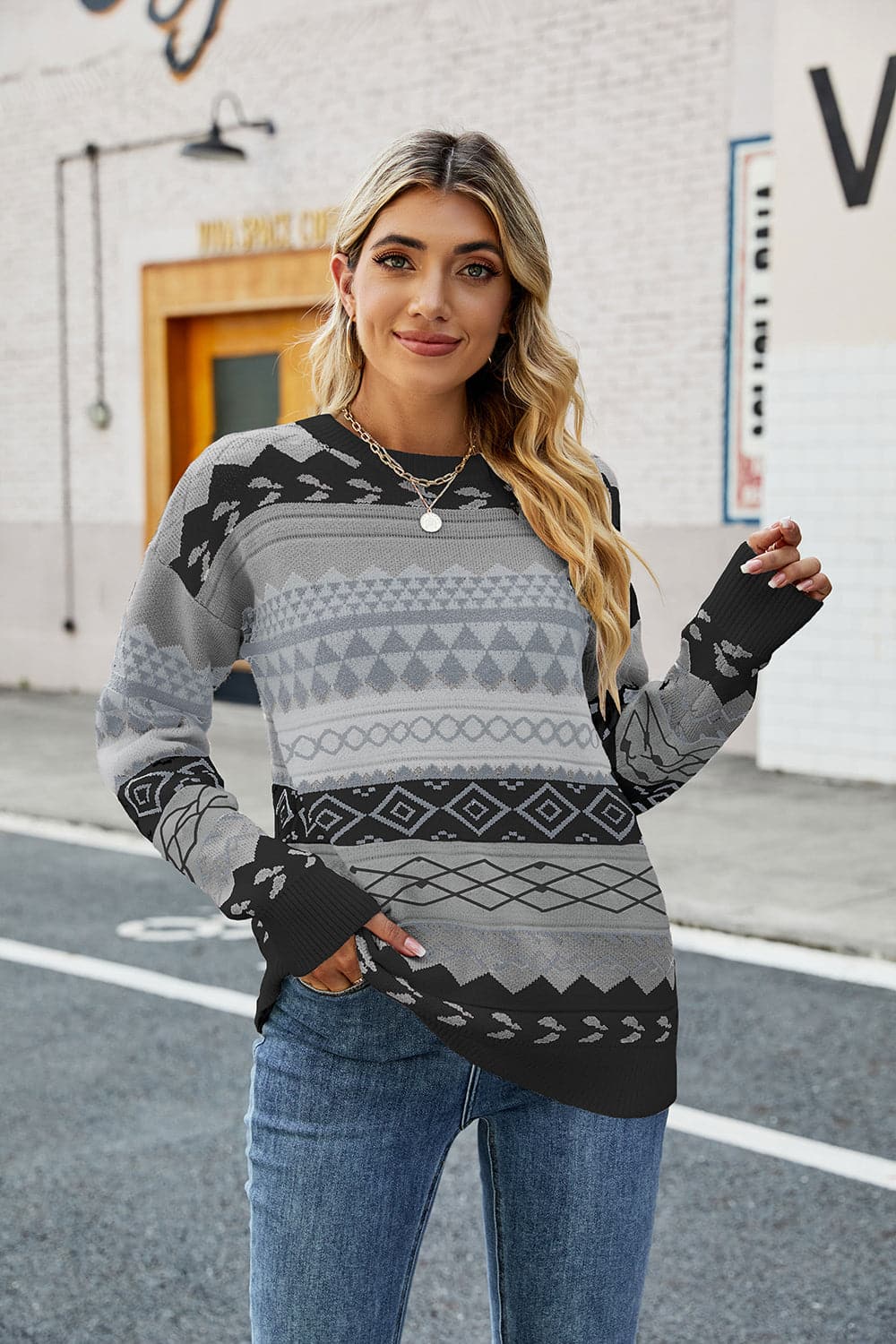 Round Neck Drop Shoulder Sweater.