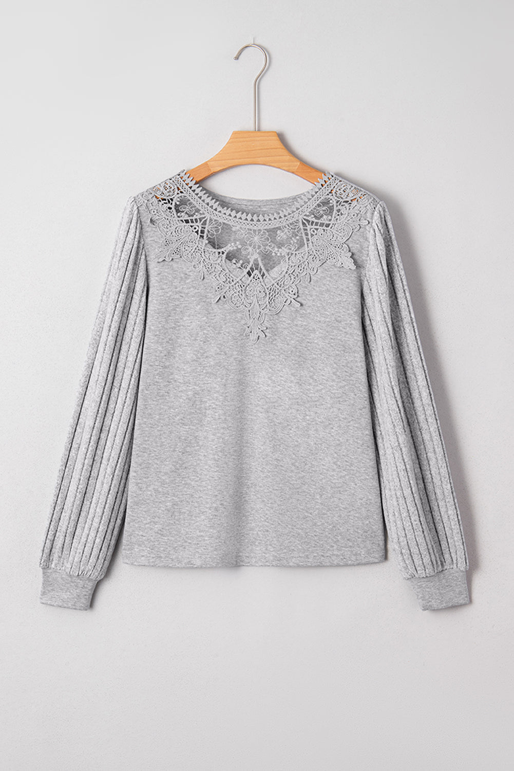 Gray Hollowed Lace Ribbed Knit Patchwork Long Sleeve Top Dear-Lover Dropshipping