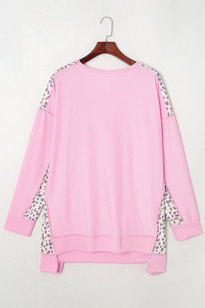 Chic pink leopard fusion plus size sweatshirt with exposed seams