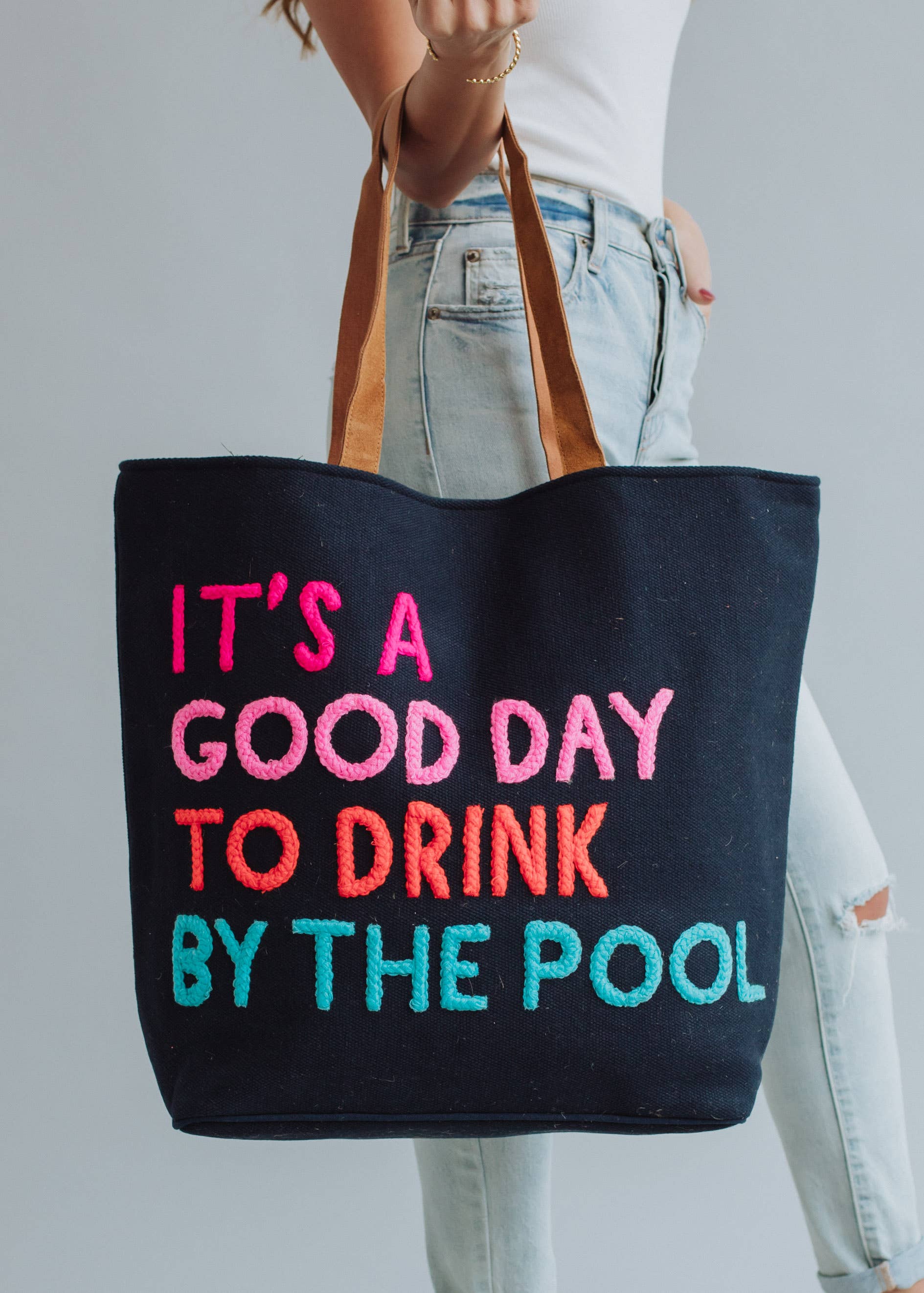 Navy Poolside Tote With Multicolor Poolside Quote Design Fitkitty Culture Athleisure Wear, Yoga Wear & Women's Clothing