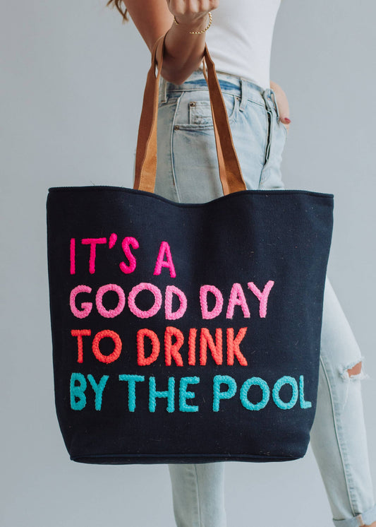 Navy Poolside Tote With Multicolor Poolside Quote Design Fitkitty Culture Athleisure Wear, Yoga Wear & Women's Clothing