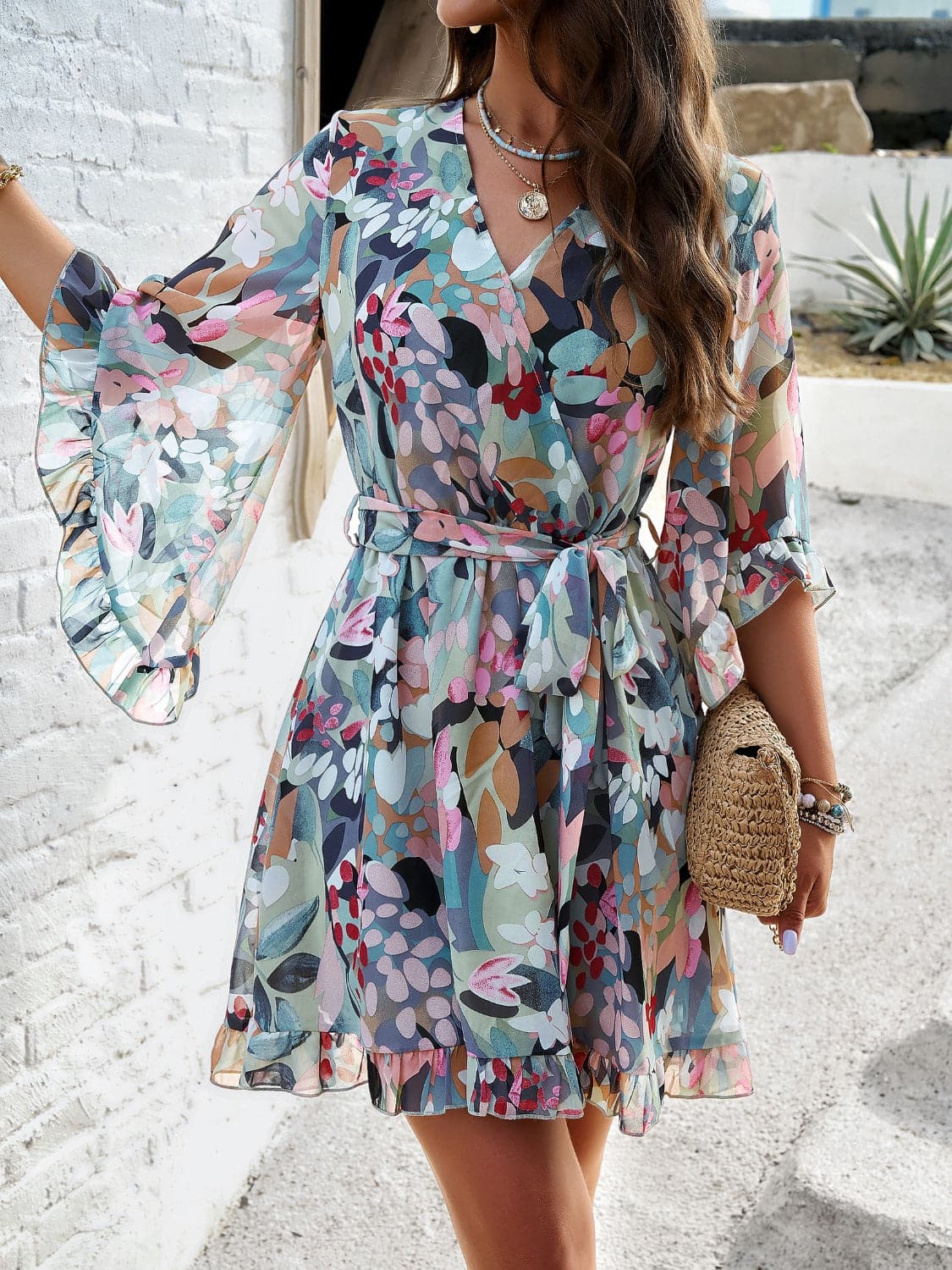 Ruffled Printed Surplice Half Sleeve Mini Dress.