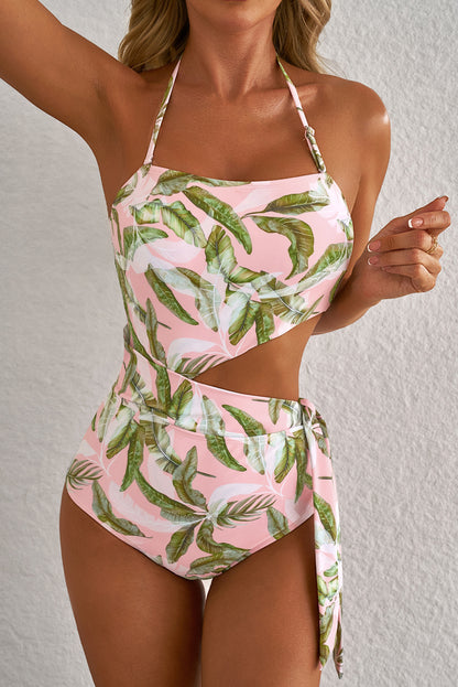 Vibrant Pink Asymmetric Cutout Halter Backless Swimsuit