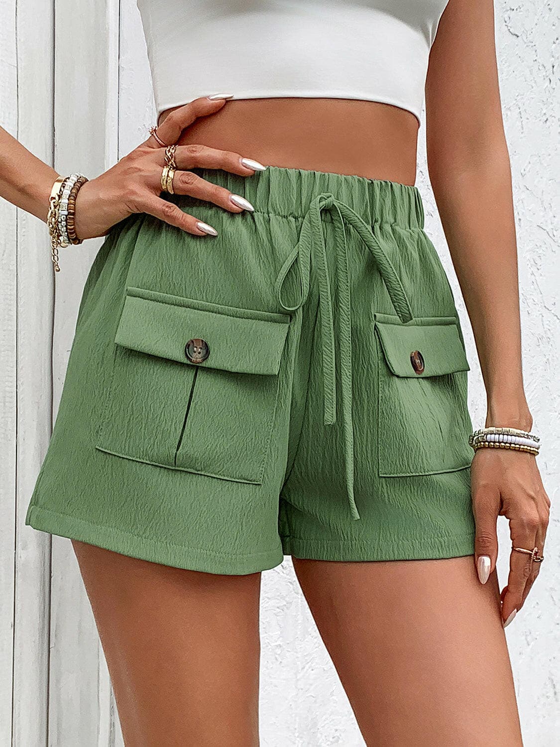 Tied Elastic Waist Shorts with Pockets.