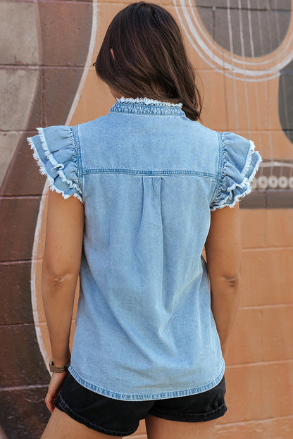 Chic ruffled denim top with button front and frayed hem