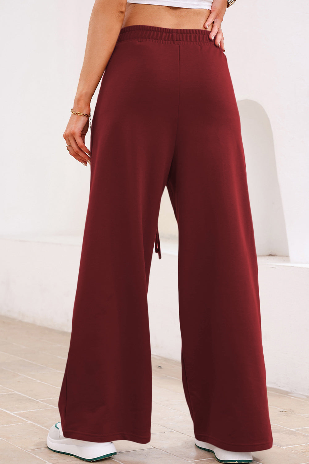 Burgundy Tied Elastic High Waist Pleated Detail Sweatpants For Women Dear-Lover Dropshipping