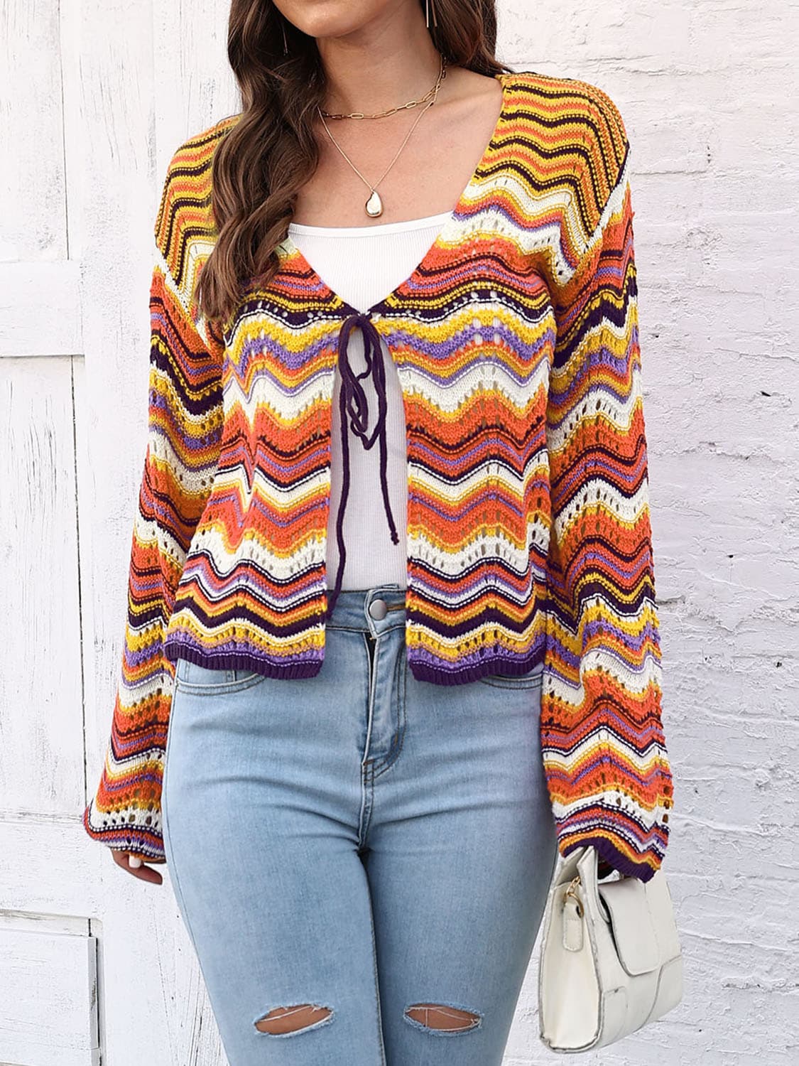 Striped Openwork Tied Cardigan.