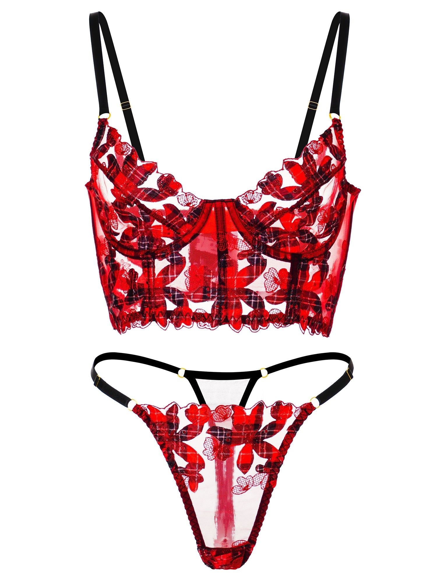 Red Tartan Floral Embroidery Lingerie Set For Women Hello.LA.Girl