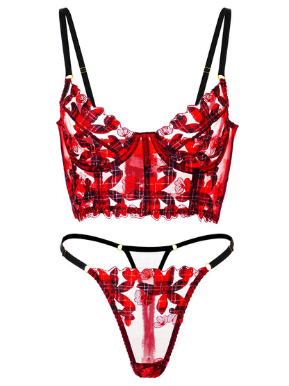 Red Tartan Flower Lingerie Set for Elegant Intimates