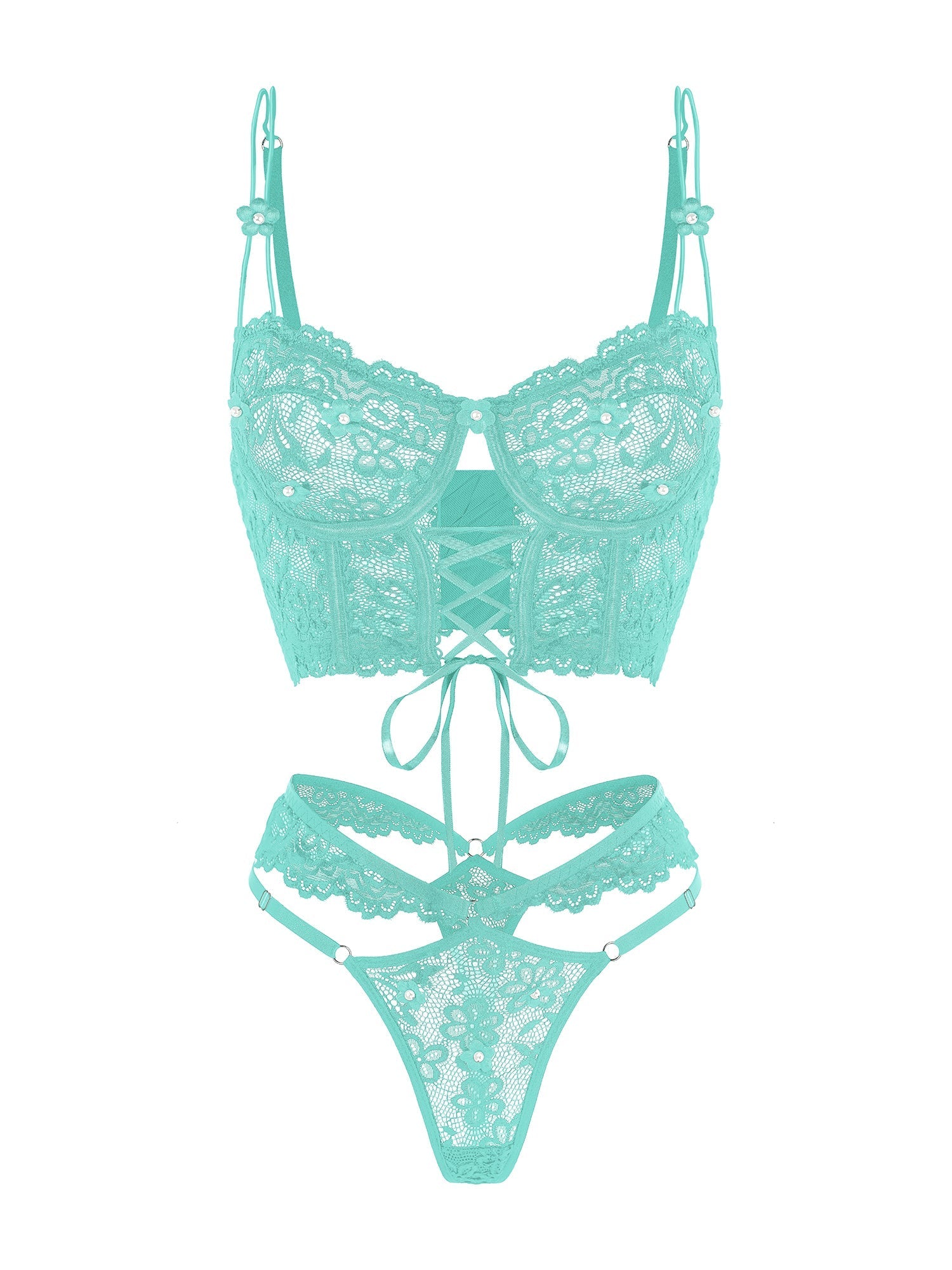 Green Pearls Flower Lingerie Set Hello.LA.Girl