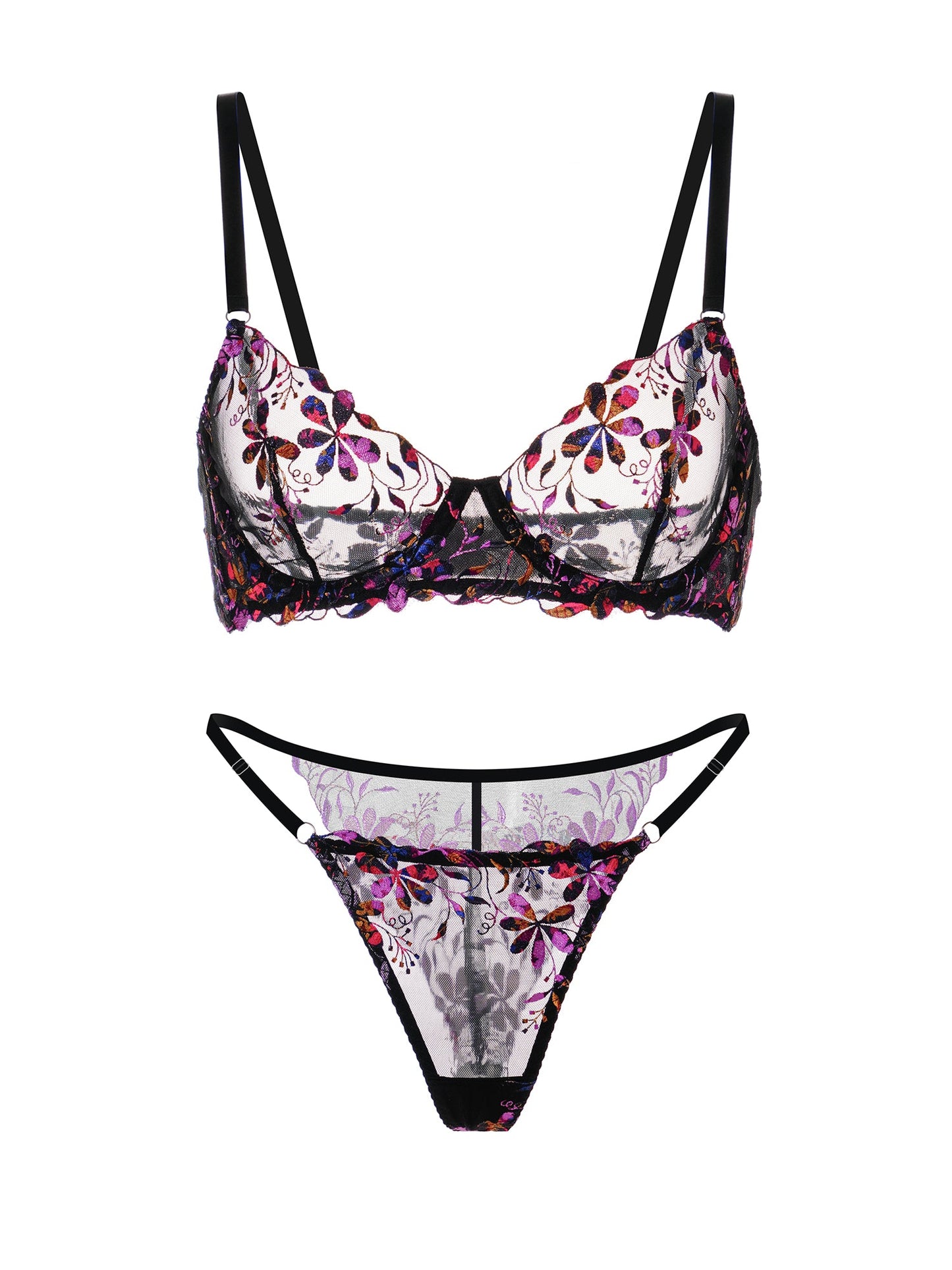 Midnight Blossom Lace Embroidered Lingerie Set