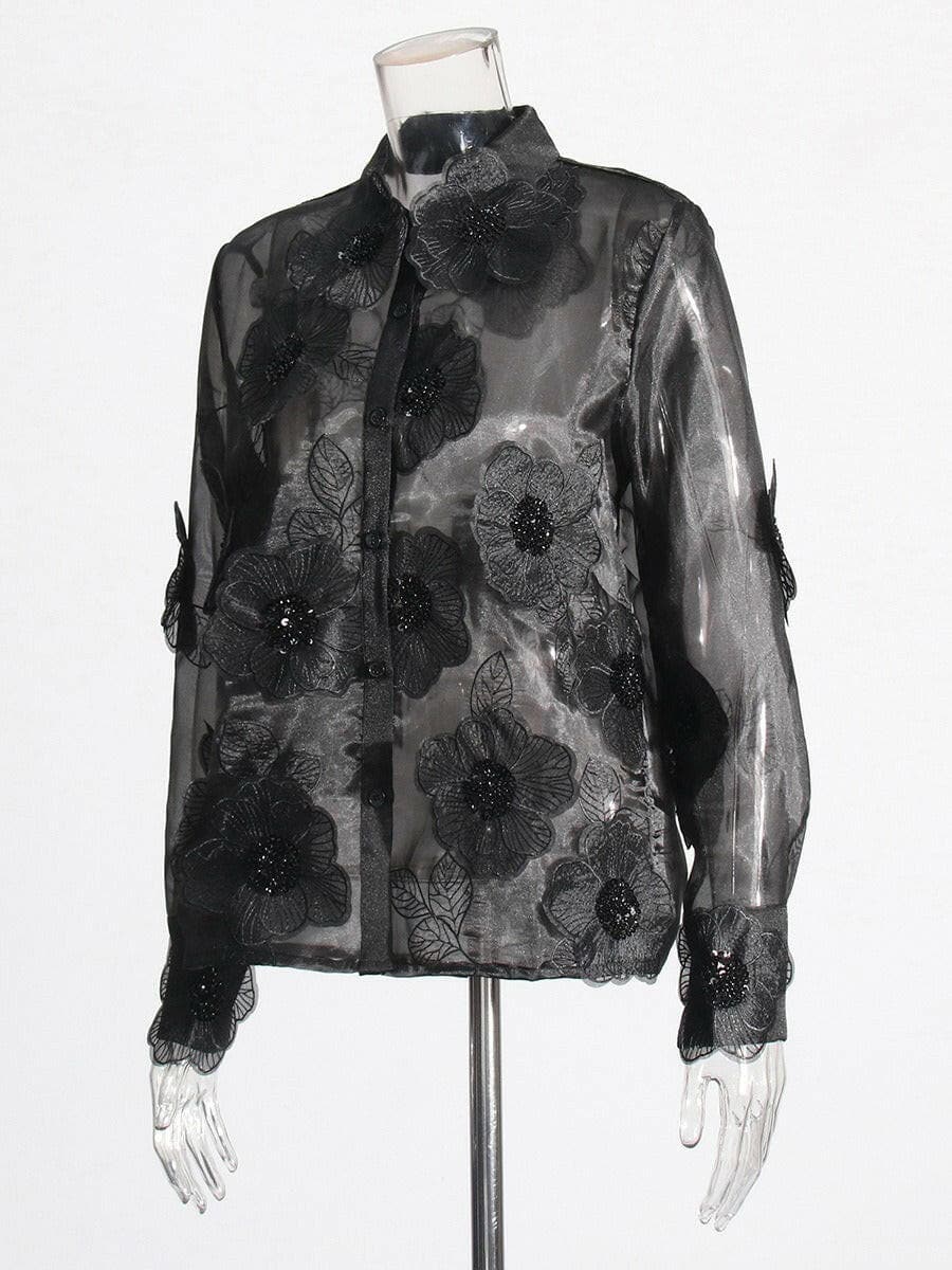 French elegant style organza lapel shirt three-dimensional flower sequined shirt top for women.