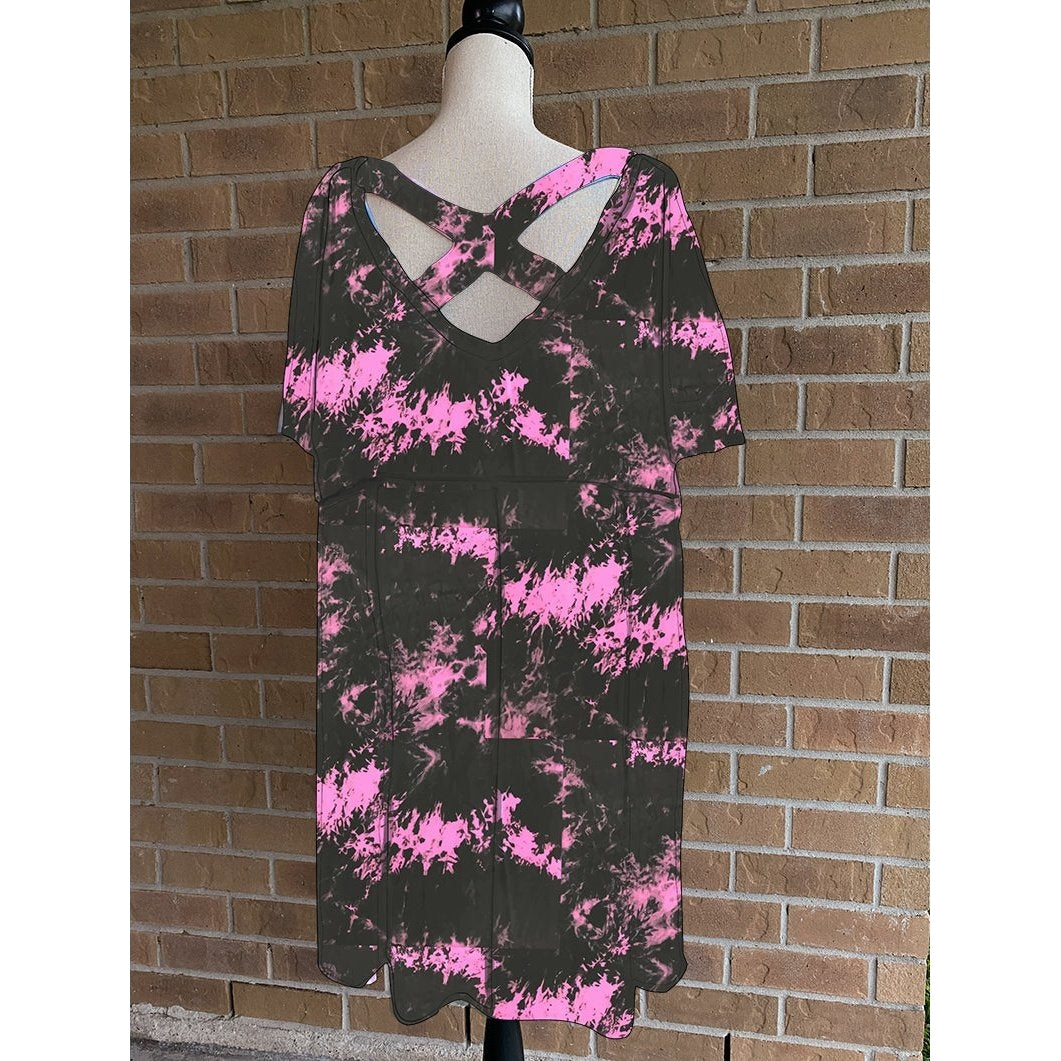 Tie Dye Cherry Blossum Criss Cross Back V Neck Tunic MM