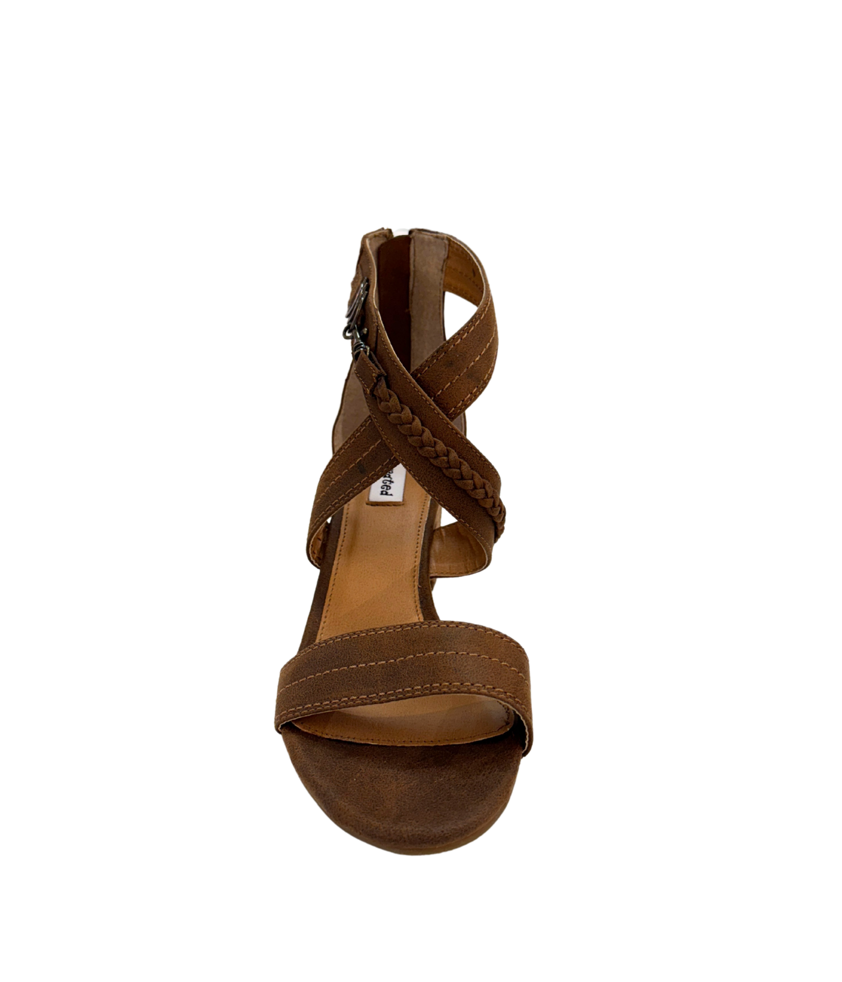 Qila Tan Block Heel Sandal With Braided Top Brass Hardware Naughty Monkey
