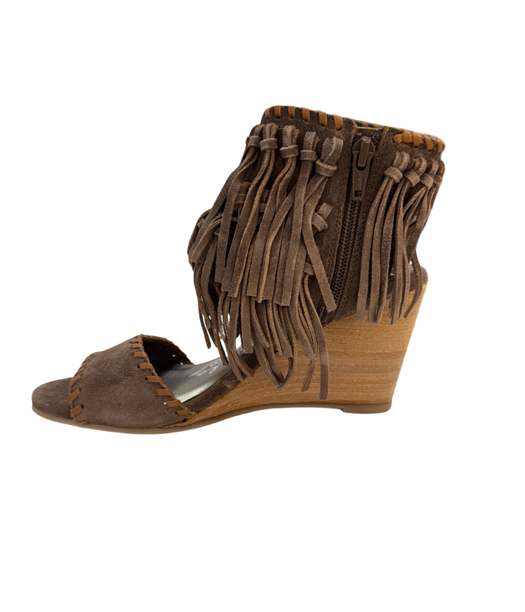 Taupe True Fringe Wedge Sandal With Leather Strap Detail Naughty Monkey