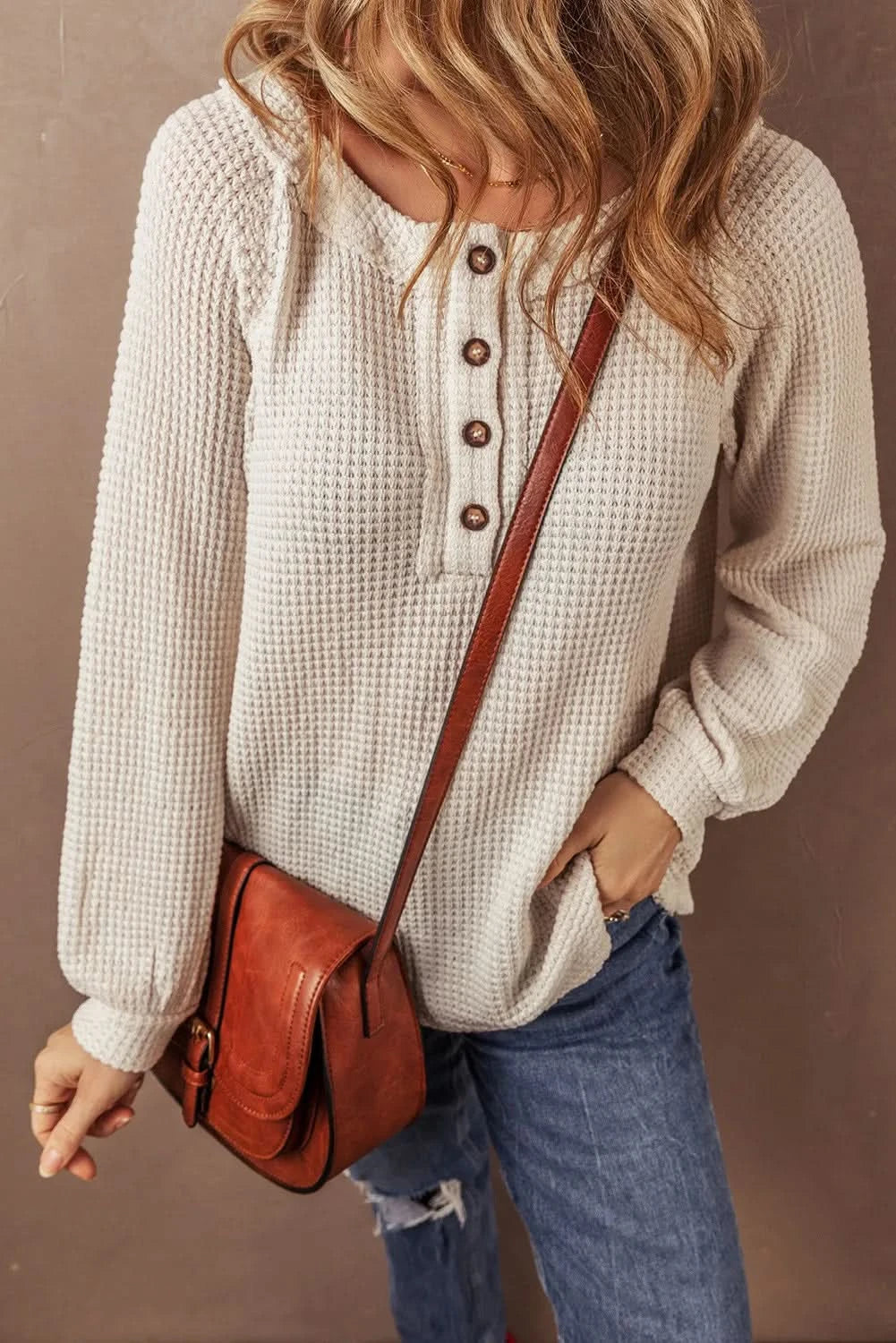 Waffle-Knit Long Sleeve Half Button Top with Round Neck