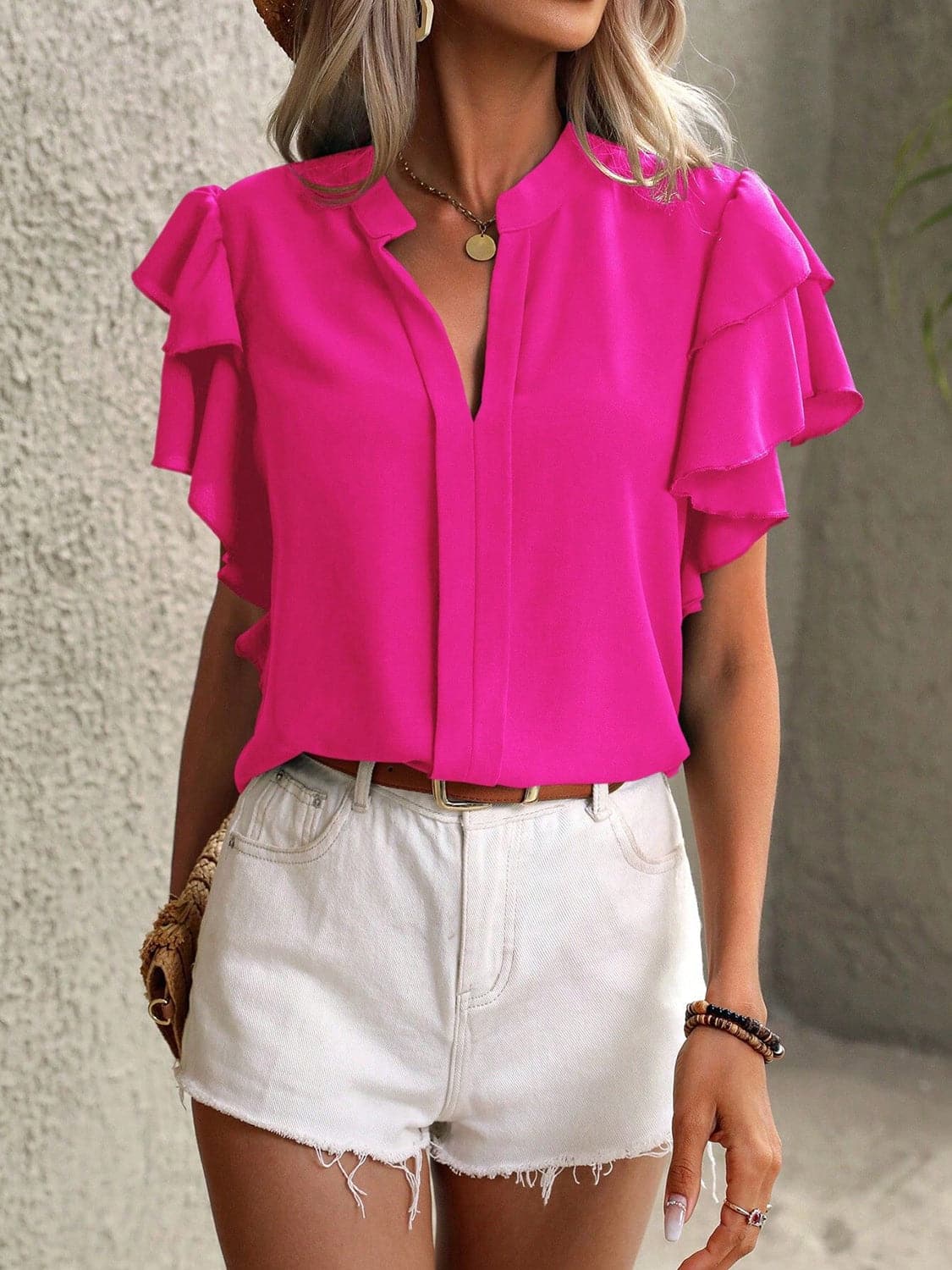 Ruffled Notched Short Sleeve Blouse.