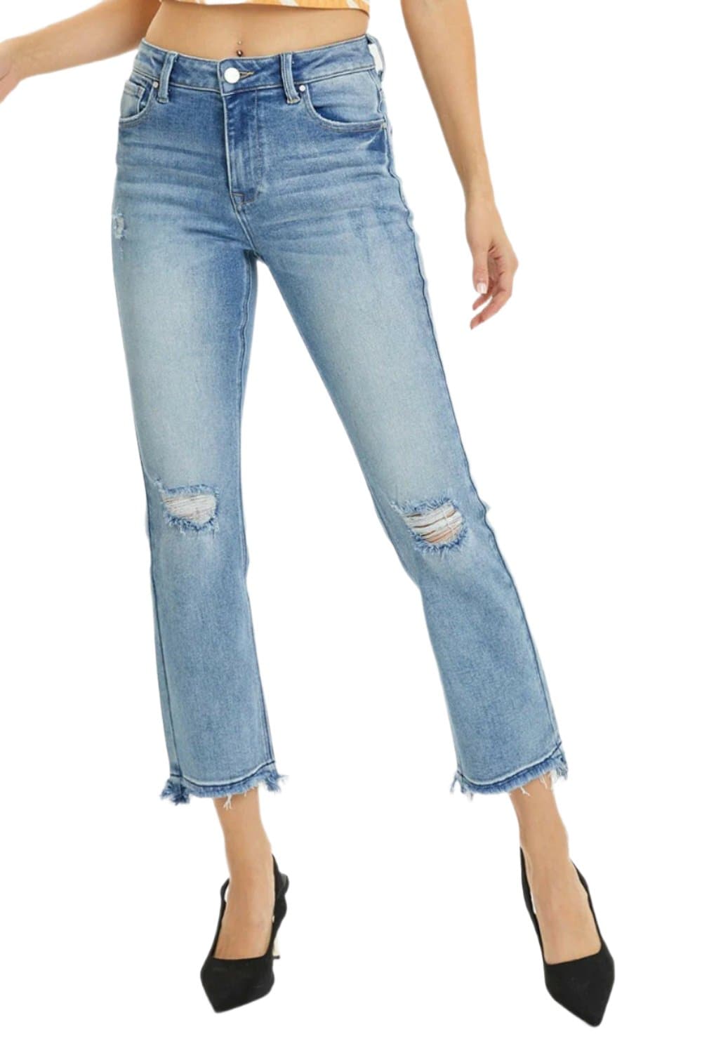 RISEN Full Size High Rise Distressed Cropped Straight Jeans.