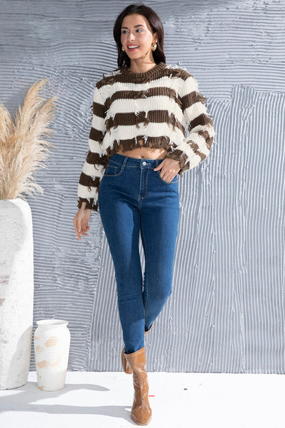 Striped Fringe Round Neck Sweater.