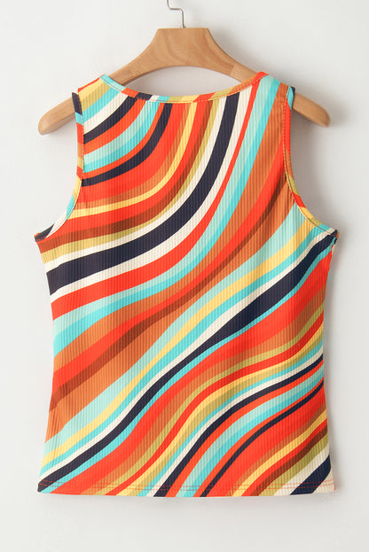 Chic multicolour wavy striped v-neck tank top with button details