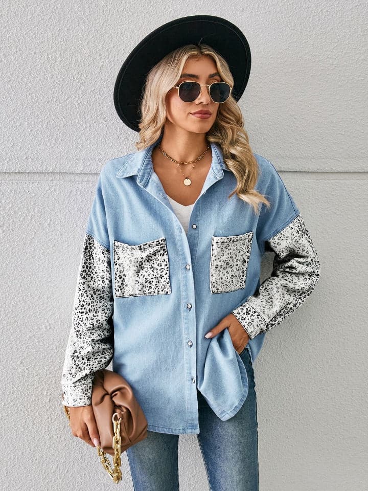 Leopard Button Up Denim Jacket.