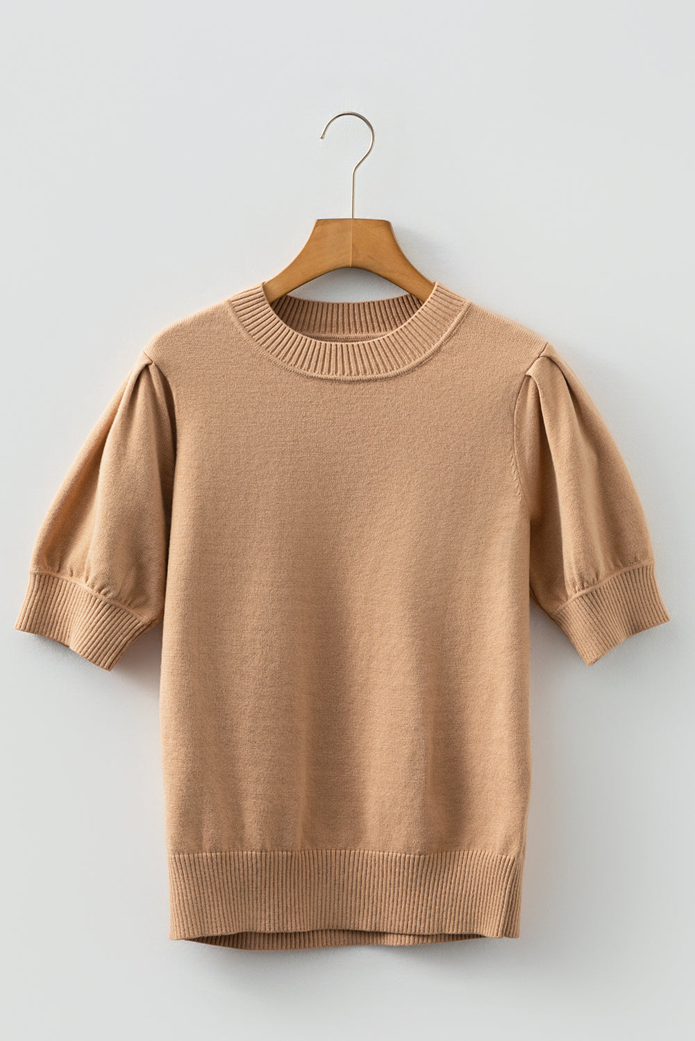 Light French Beige Solid Color Knit Short Puff Sleeve Sweater Dear-Lover Dropshipping