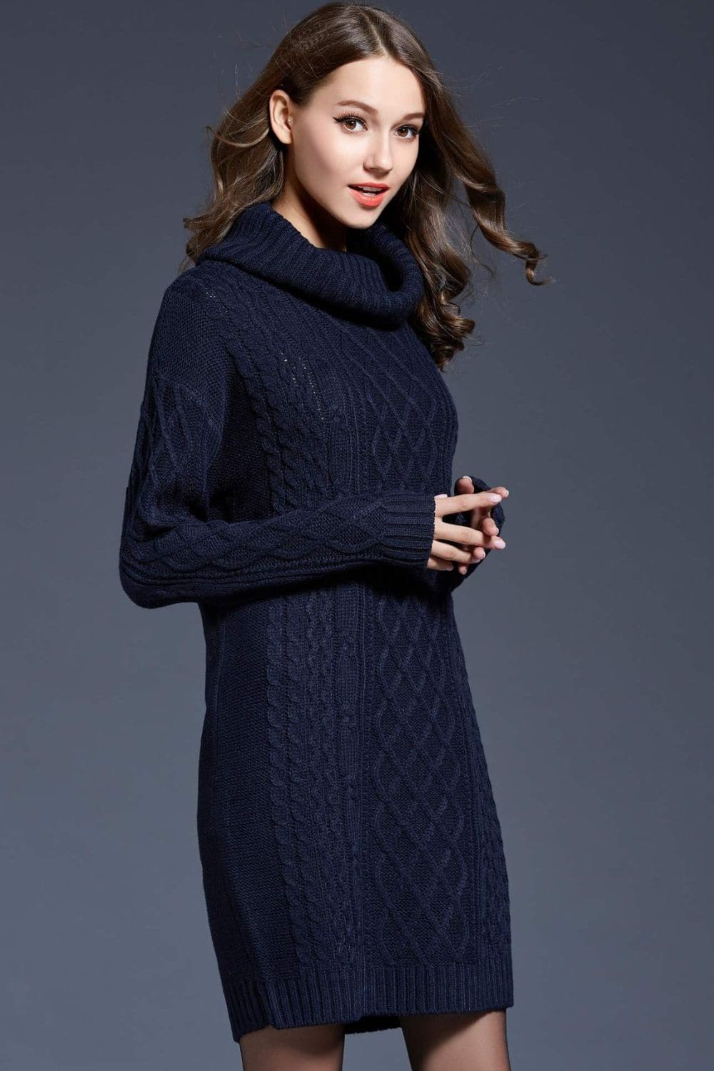 Woven Right Full Size Mixed Knit Cowl Neck Dropped Shoulder Sweater Dress.