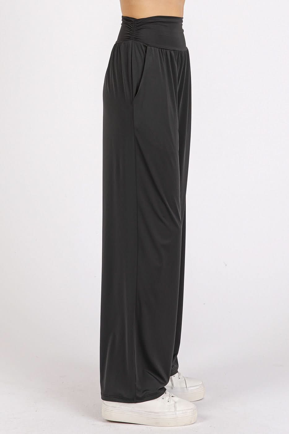 Versatile Wide Leg Pants with Stretchy Banded Waist and Pockets