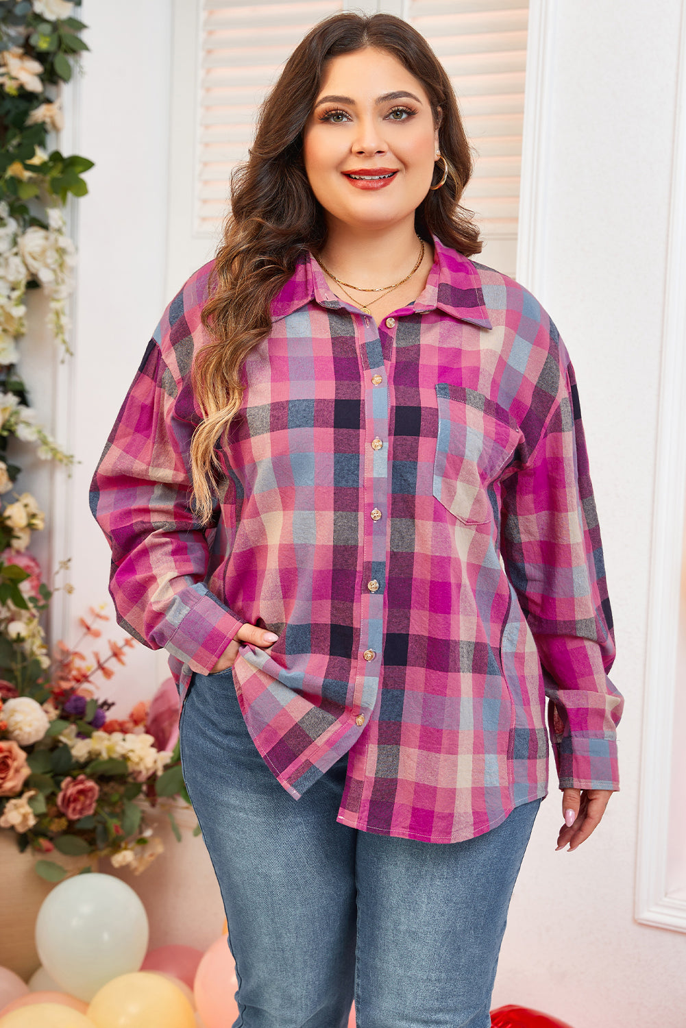 Chic rose stripe checkered print button-up shirt for plus sizes