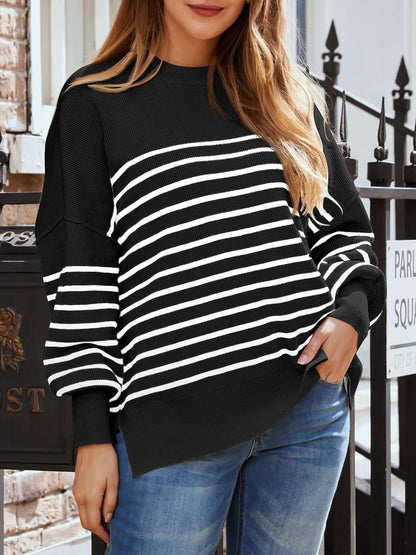 Striped Round Neck Long Sleeve Sweatshirt.